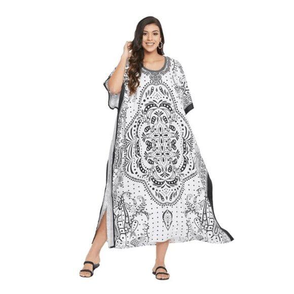 Gypsie Blu Kaftan Maxi Dress Black White Flowy Knit Kimono Sleeves OS - Picture 1 of 13